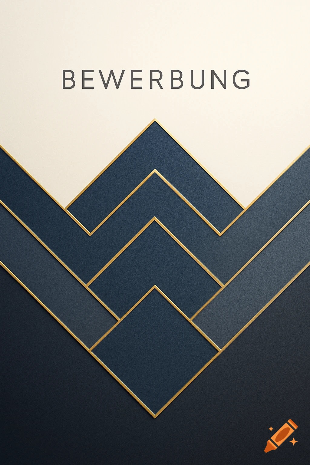 Abstract geometric pattern with gold lines on dark blue and light cream, featuring the word 'BEWERBUNG' at the top.