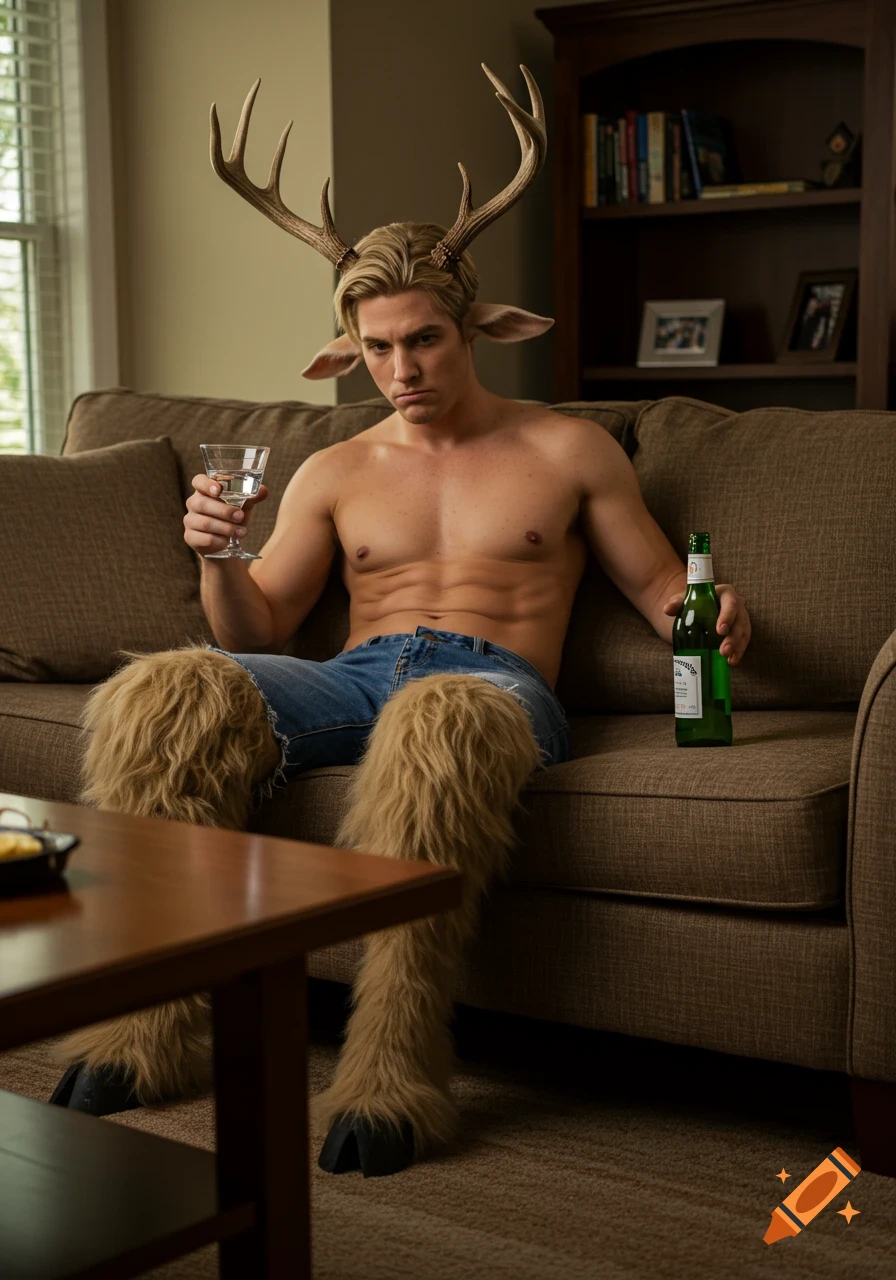 A blond-haired satyr with deer antlers and fur-covered legs sits shirtless on a sofa, holding a glass of water and a beer bottle.