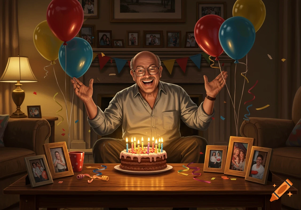 A smiling, balding man with glasses celebrates his birthday, sitting behind a cake with lit candles, surrounded by balloons and framed family photos in a dimly lit room.