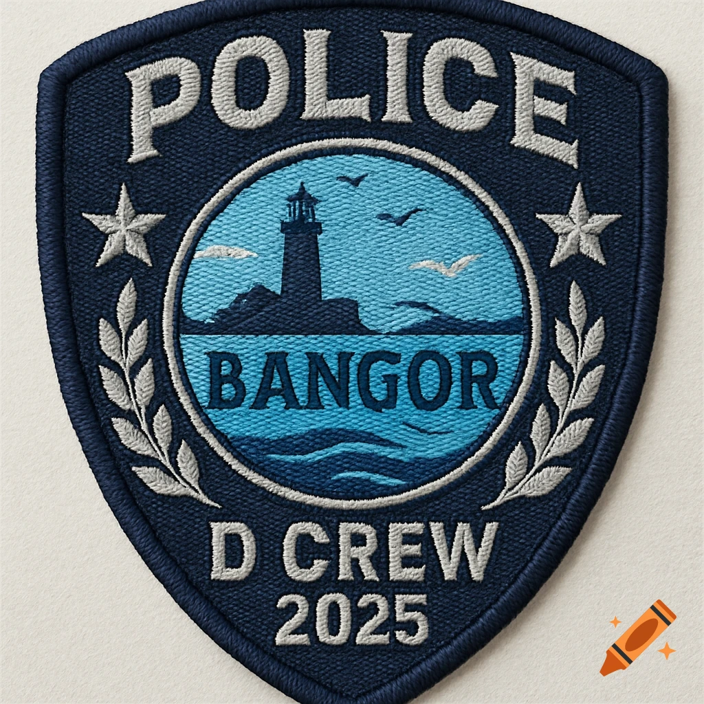 An embroidered police patch featuring a lighthouse, waves, and seagulls within a circular design. Text reads "POLICE" at the top, "BANGOR" inside the circle, and "D CREW 2025" at the bottom.