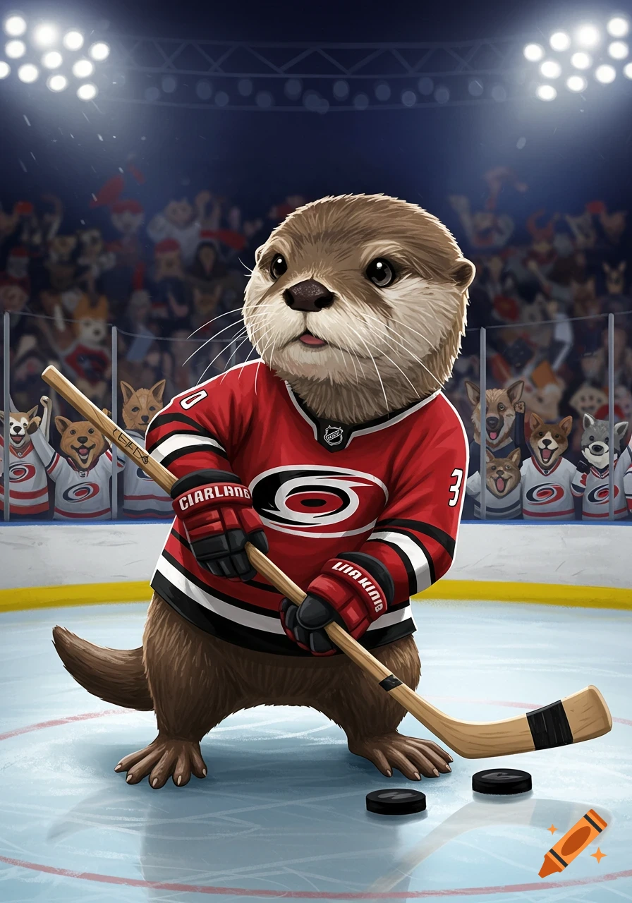 A cute cartoon otter in a red hockey jersey with a stick and pucks on an ice rink, with a crowd of cartoon dogs in the background.