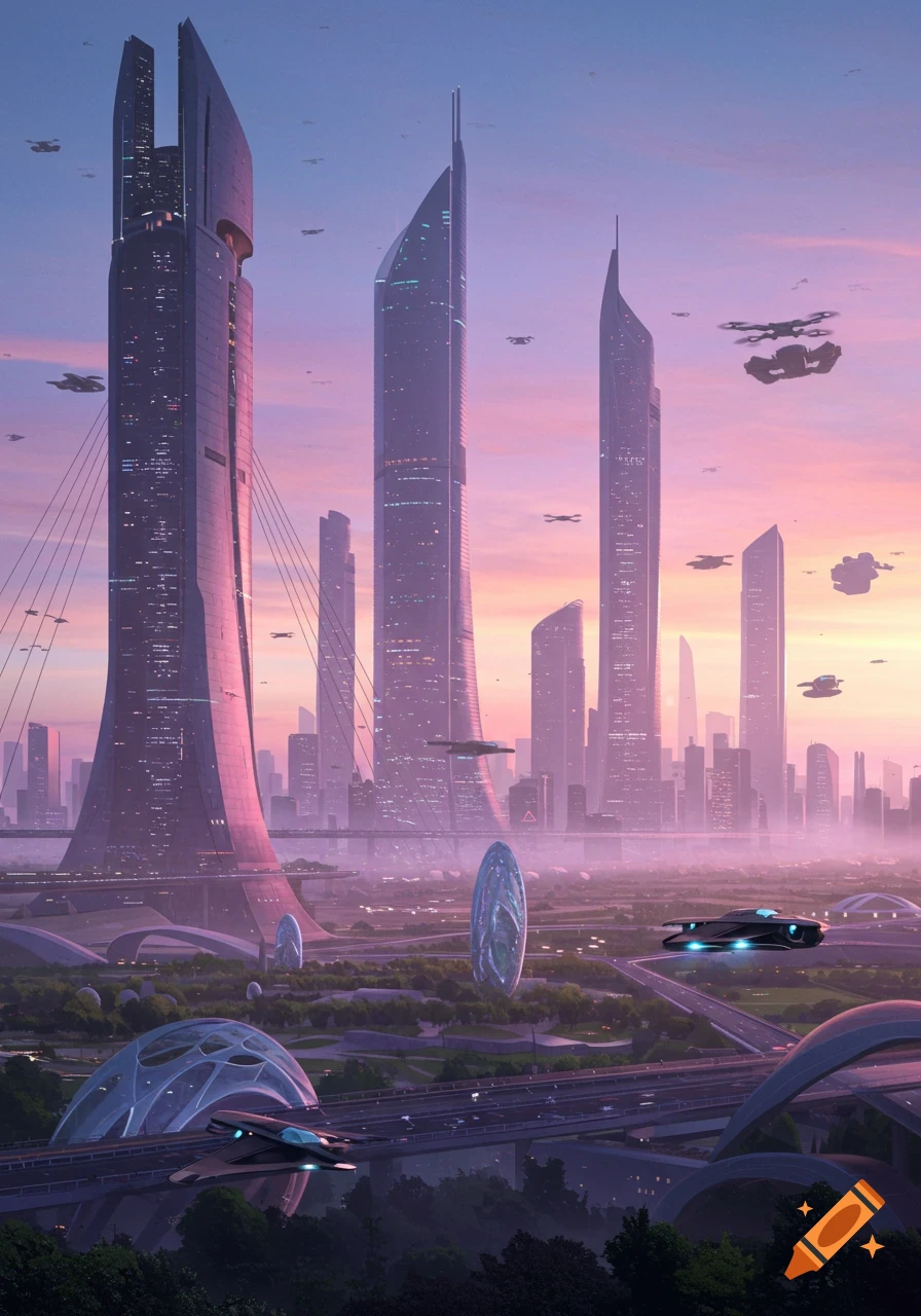 A futuristic cityscape at sunrise with tall, sleek buildings, elevated roads, and numerous flying vehicles under a purplish sky.