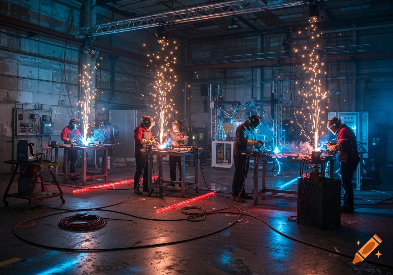 Photorealistic image of multiple fabricators welding in a dimly lit industrial workshop, generating bright sparks and blue light.