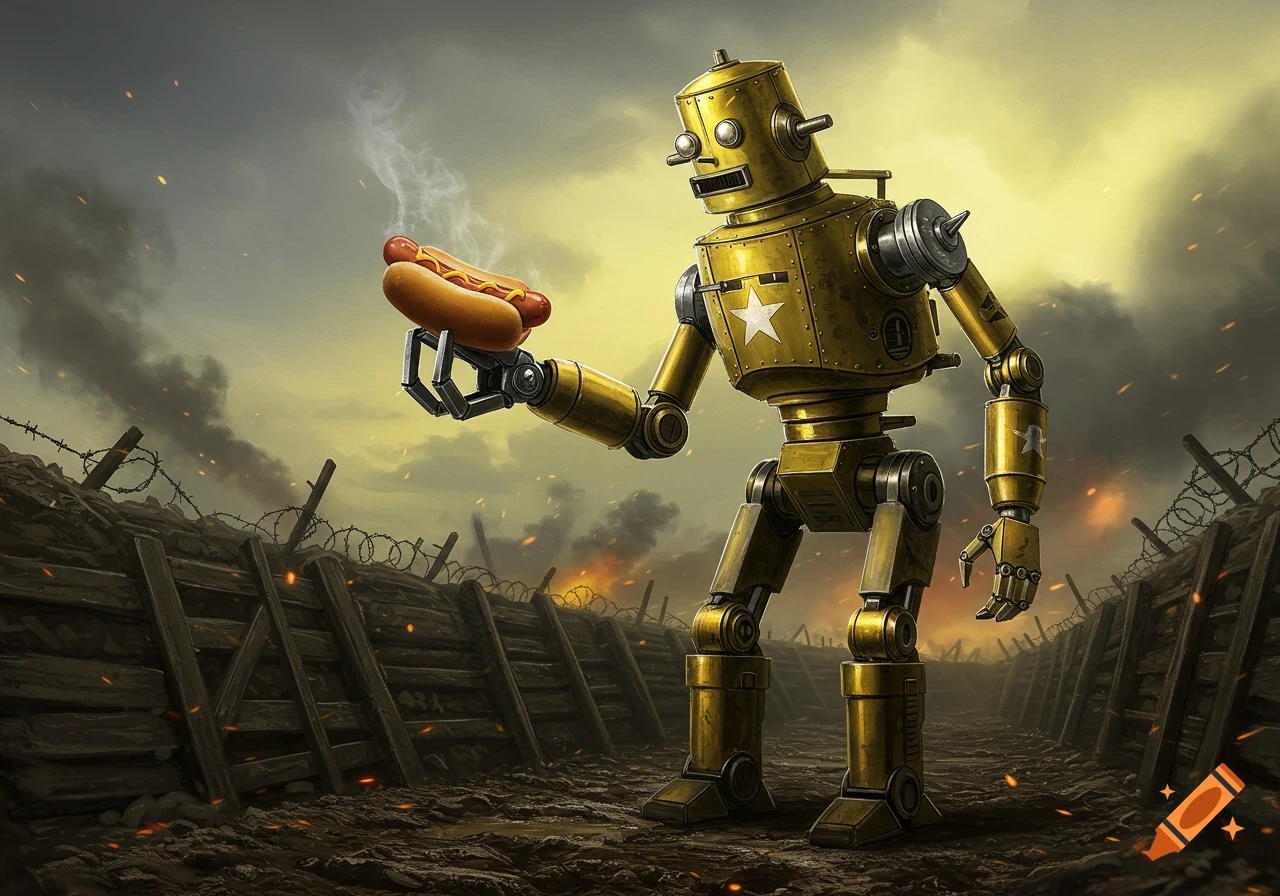 A retro-style golden robot stands in a muddy trench battlefield, holding a steaming hot dog. Explosions and smoke fill the sky.