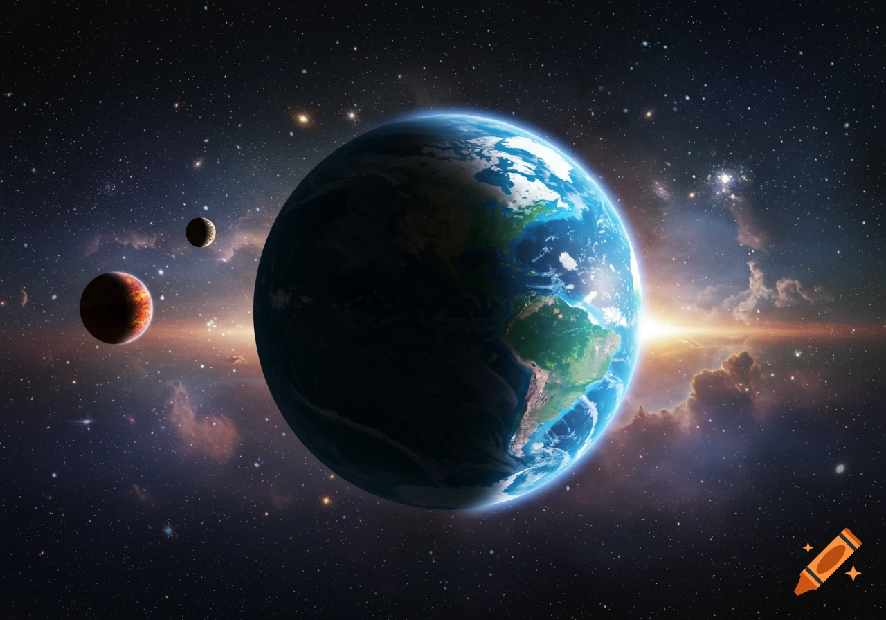 A vibrant Earth and two other planets in deep space, bathed in the glow of a distant sun, with nebulae and stars in the background.