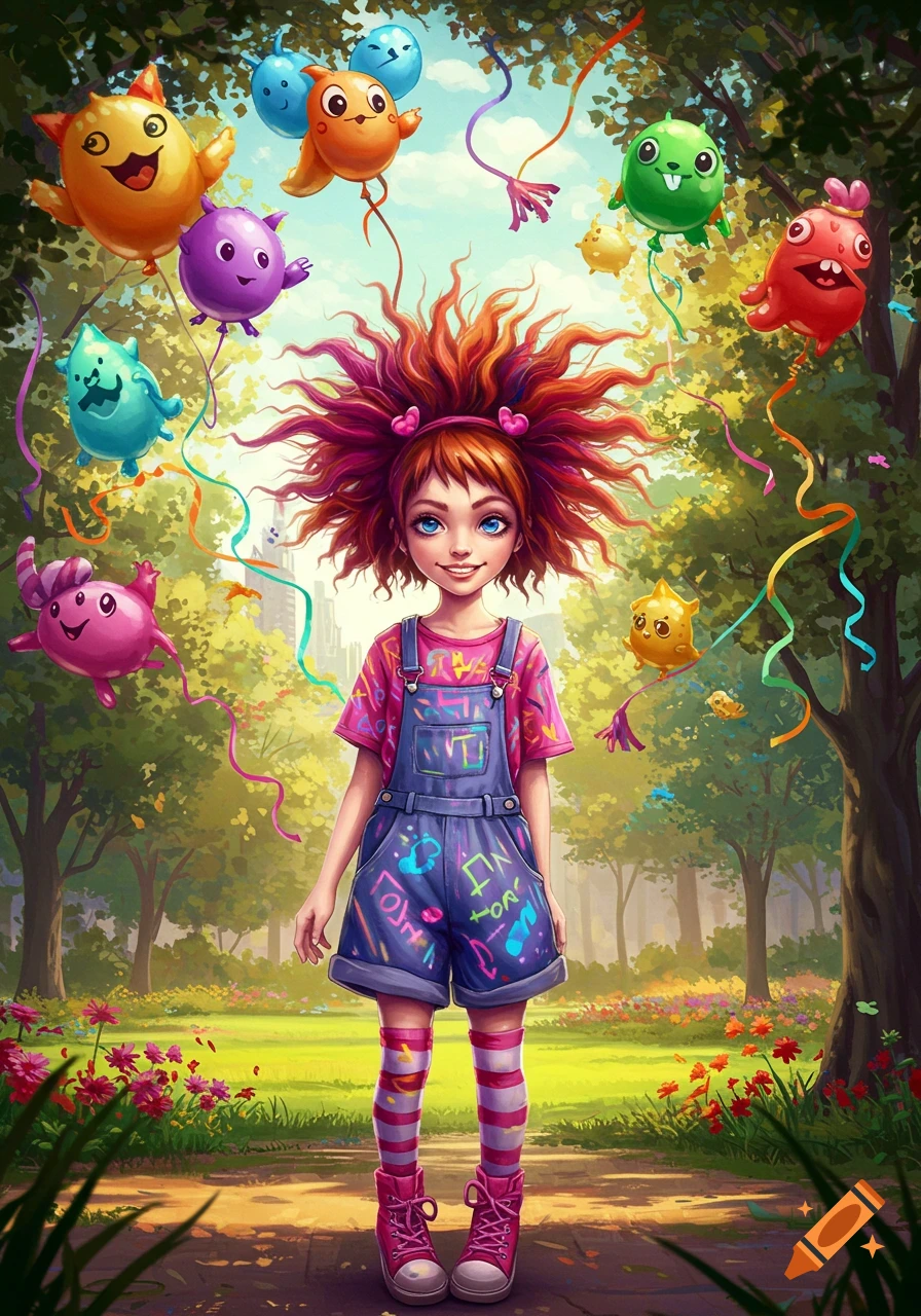 Cheerful girl with wild red hair and overalls, surrounded by colorful monster balloons in a sunny park with trees and flowers.