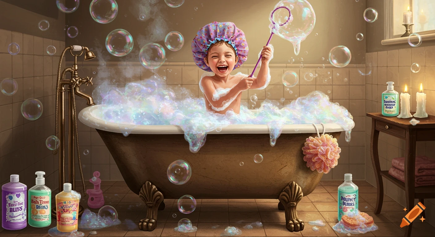 A happy child in a bubble bath, wearing a shower cap and playing with a bubble wand. The bathroom is filled with bubbles and bath product bottles.