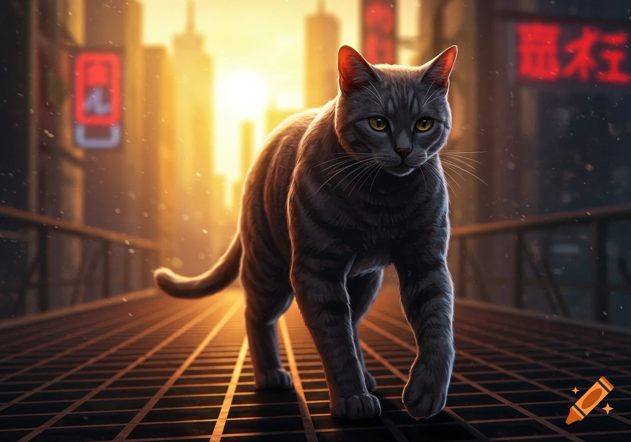 A muscular gray tabby cat walks on a gridded metal walkway in a futuristic city at sunset, with glowing neon signs.