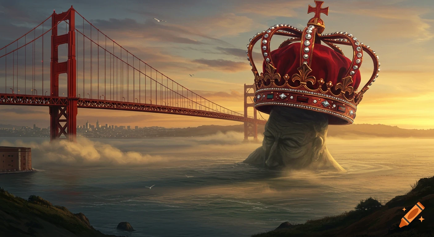 Giant crowned stone head emerges from foggy water near the Golden Gate Bridge, with San Francisco skyline at sunset.