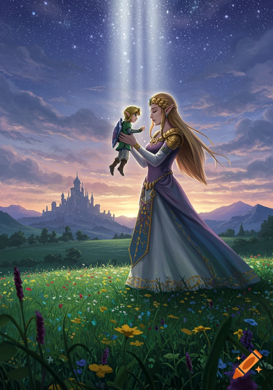 Giant Princess Zelda holds tiny Link in a starry, flower-filled field with a castle in the background, digital art.