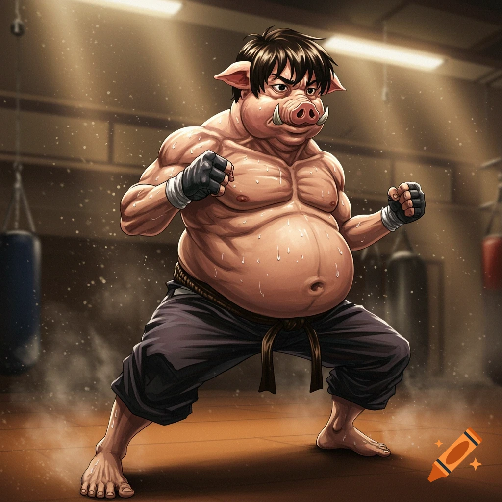 Anime-style pig-human hybrid character with a large belly in a fighting stance inside a gym.