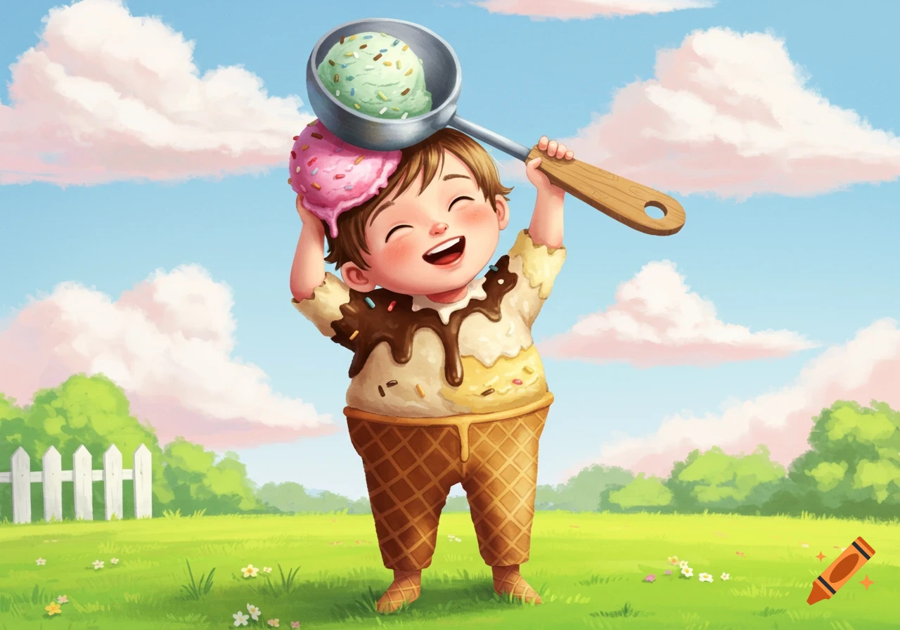 Happy cartoon boy dressed as an ice cream cone with melting chocolate and sprinkles, holding an ice cream scoop on his head in a field.