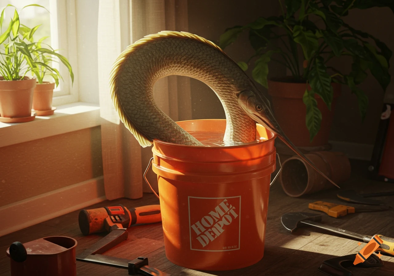 A senegal polypterus-like creature with a long snout curves out of a bright orange Home Depot bucket filled with water, in a sunlit indoor room with potted plants and tools on the wooden floor.