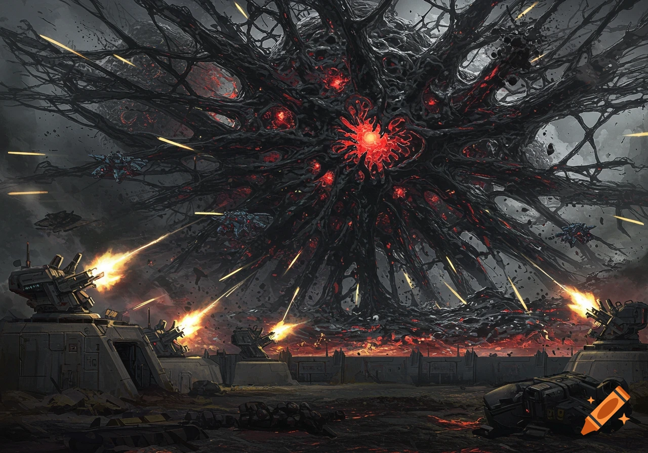 A heavily fortified sci-fi outpost with turrets firing at a massive, dark, organic-like 'Grey Goo' nanite entity.