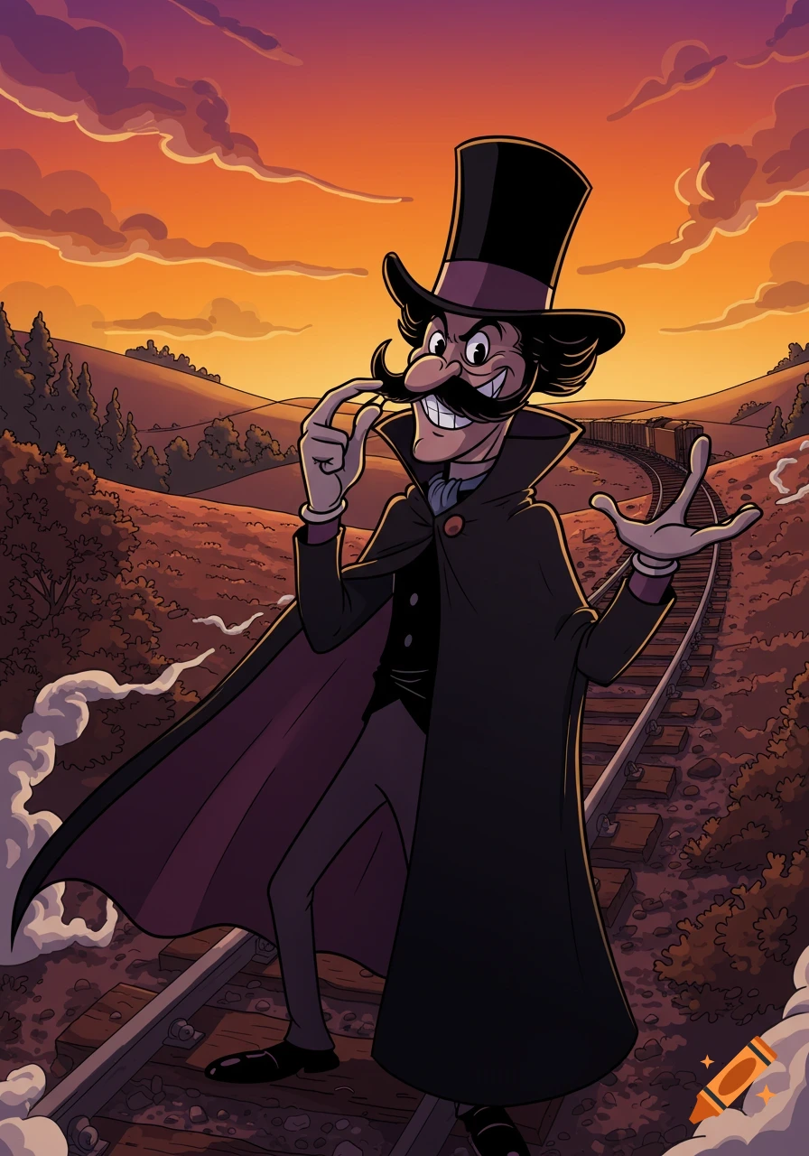 A cartoon villain, Snidely Whiplash, twirls his mustache on train tracks at sunset.