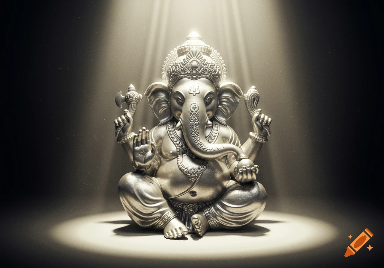A silver statue of the Hindu deity Ganesha, illuminated from above with dramatic light rays and casting shadows below.