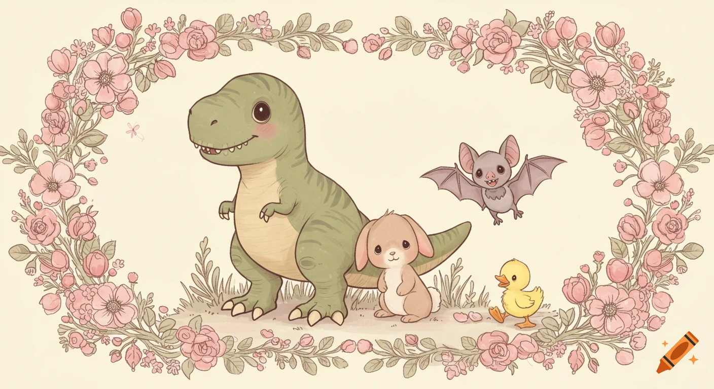 A whimsical illustration of a cute T-Rex, bunny, bat, and duckling surrounded by a frame of pink roses and wildflowers.