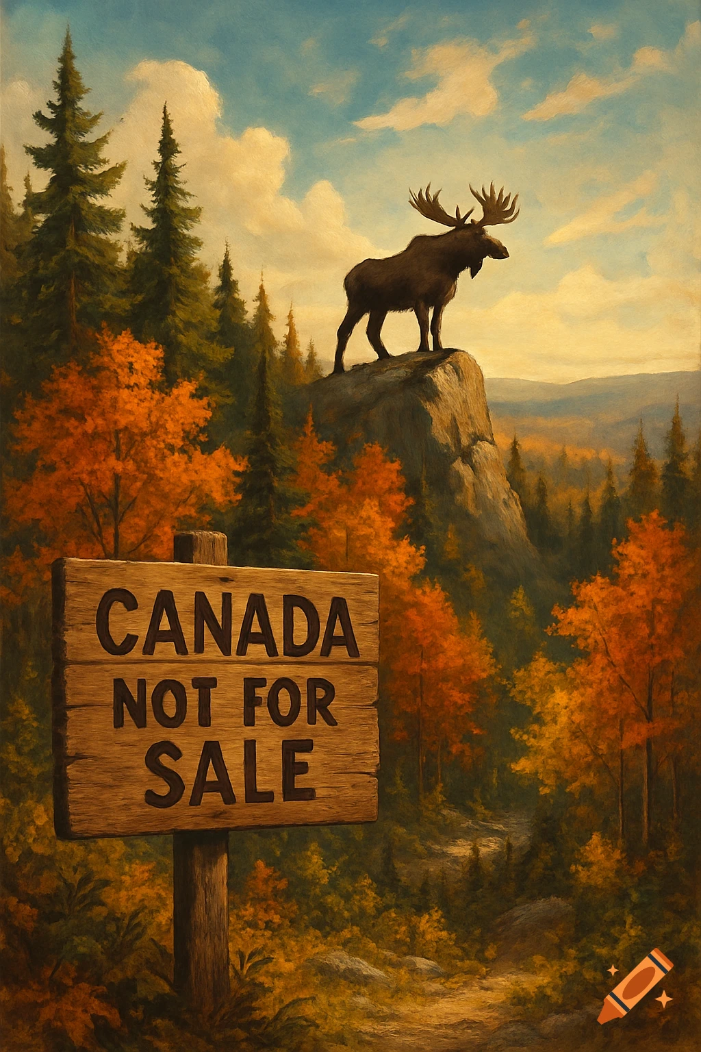 A painting of a moose on a rocky cliff overlooking a vast autumn forest with a 'CANADA NOT FOR SALE' sign.
