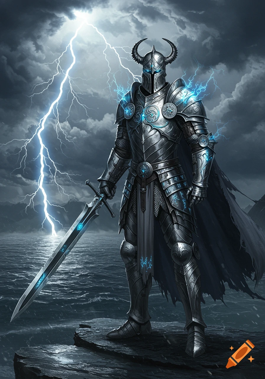 A knight in glowing silver armor holding a sword stands on rocks by a stormy sea with lightning striking in the background.