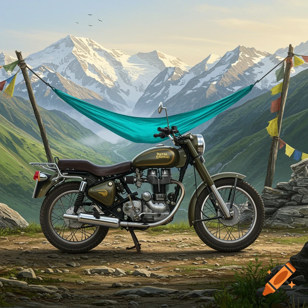 A green Royal Enfield motorcycle parked on a dirt path in a mountain landscape with a turquoise hammock.