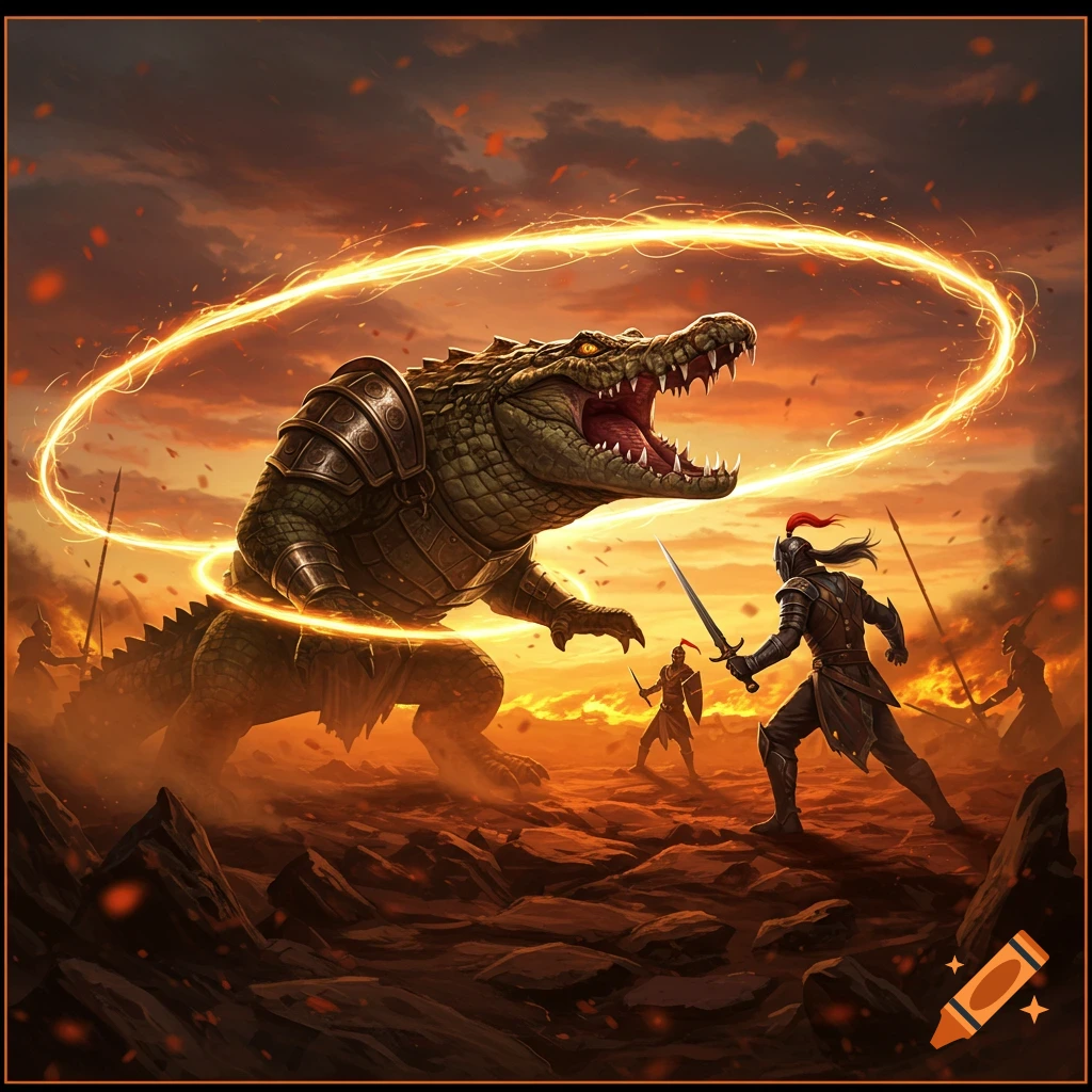 An armored crocodile confronts a knight with a sword, surrounded by a glowing energy ring, in a dramatic, fiery landscape with other warriors.