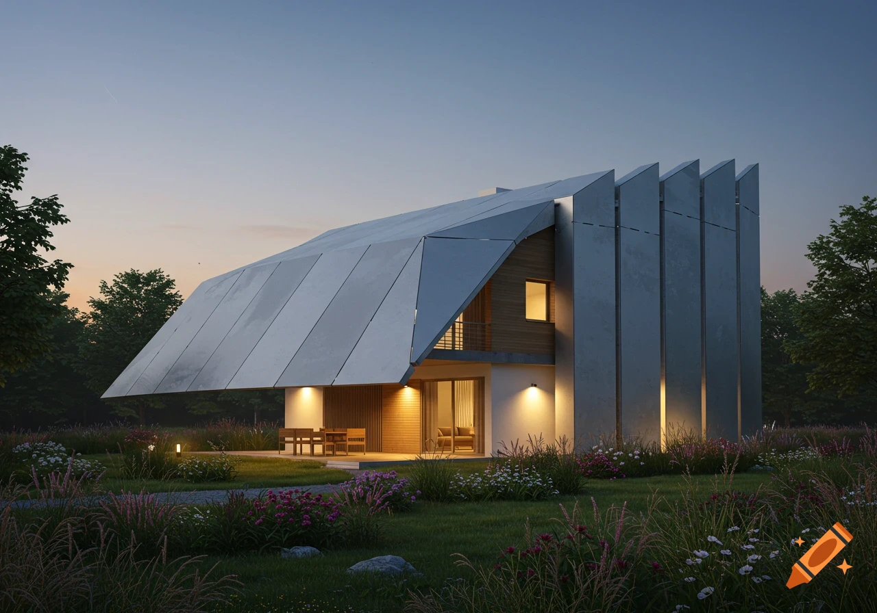 A modern house with an angular, folding roof and facade, surrounded by a lush garden at dusk.