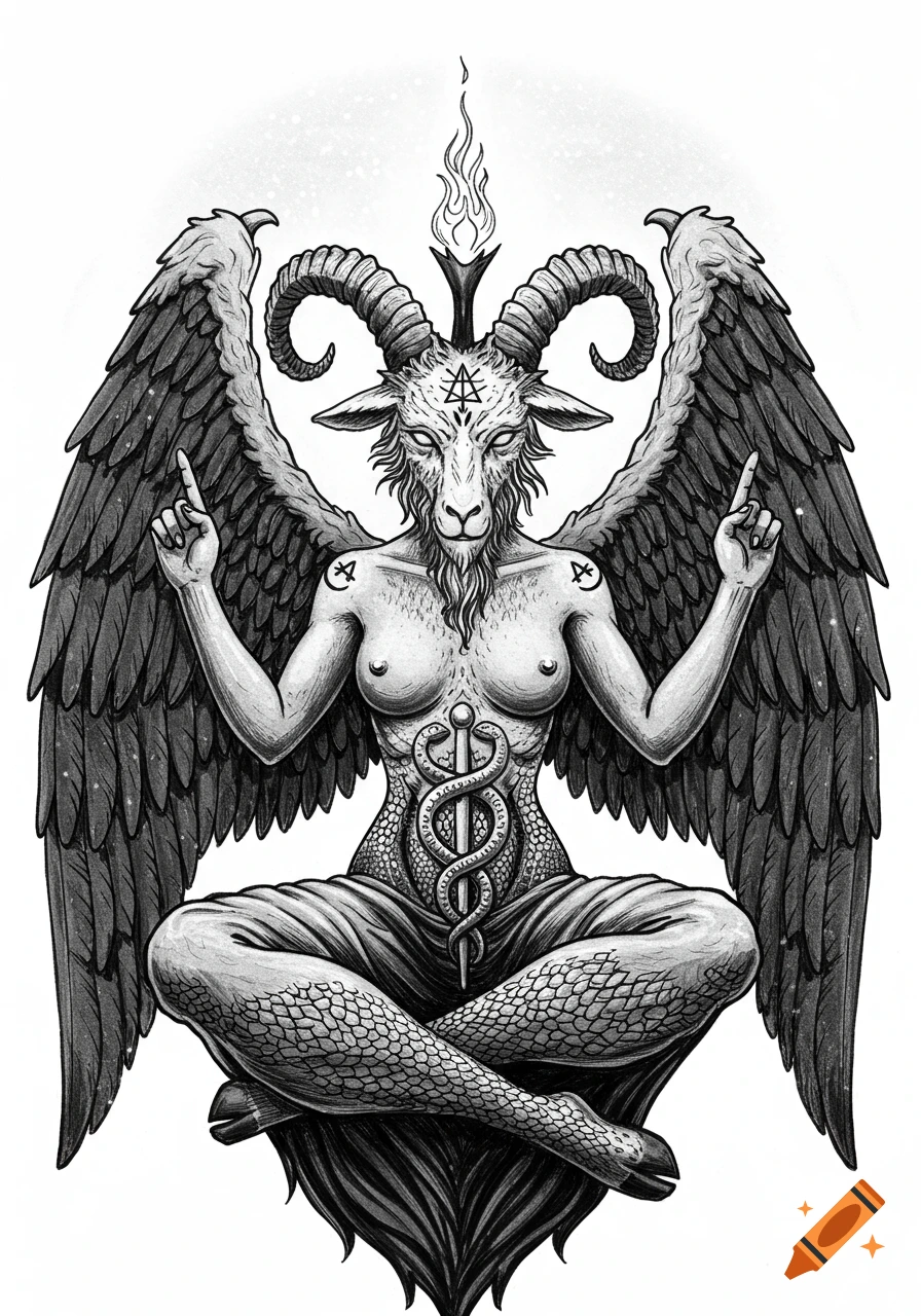 A black and white illustration of Baphomet, a goat-headed, winged figure with a bare torso and serpent scales, sitting cross-legged in a meditative pose with arms pointing up and down. A flame is on its head, and a caduceus is on its stomach.