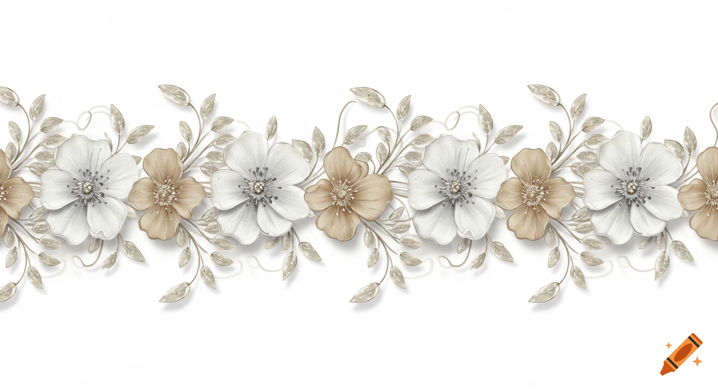 A decorative horizontal border of stylized white and tan flowers with silver accents and leaves on a white background.