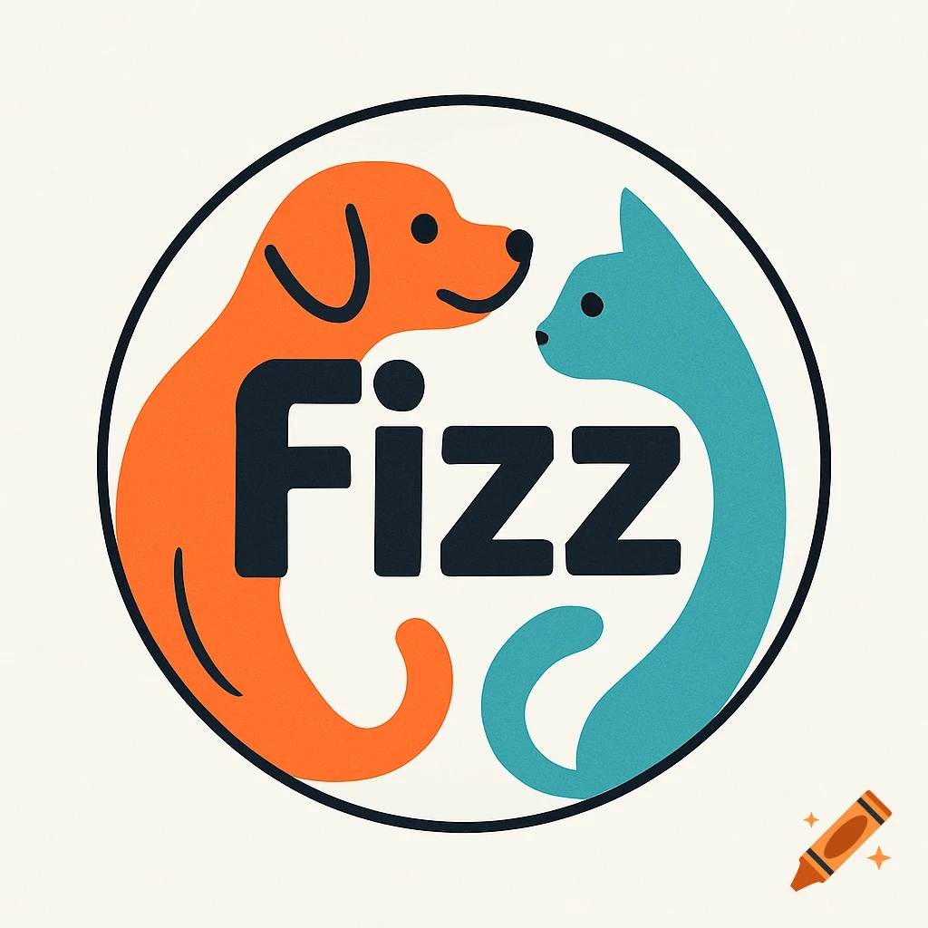 Circular logo with stylized orange dog, teal cat, and 'Fizz' text in the center.