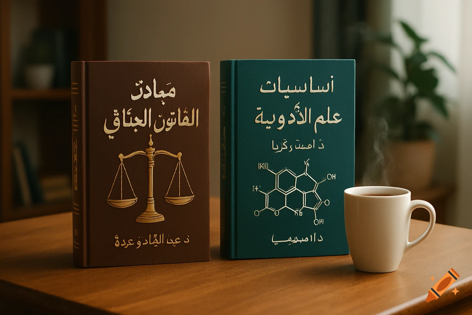 Two Arabic books, one on law and one on pharmacology, with a steaming coffee cup on a wooden table in a cozy study setting.