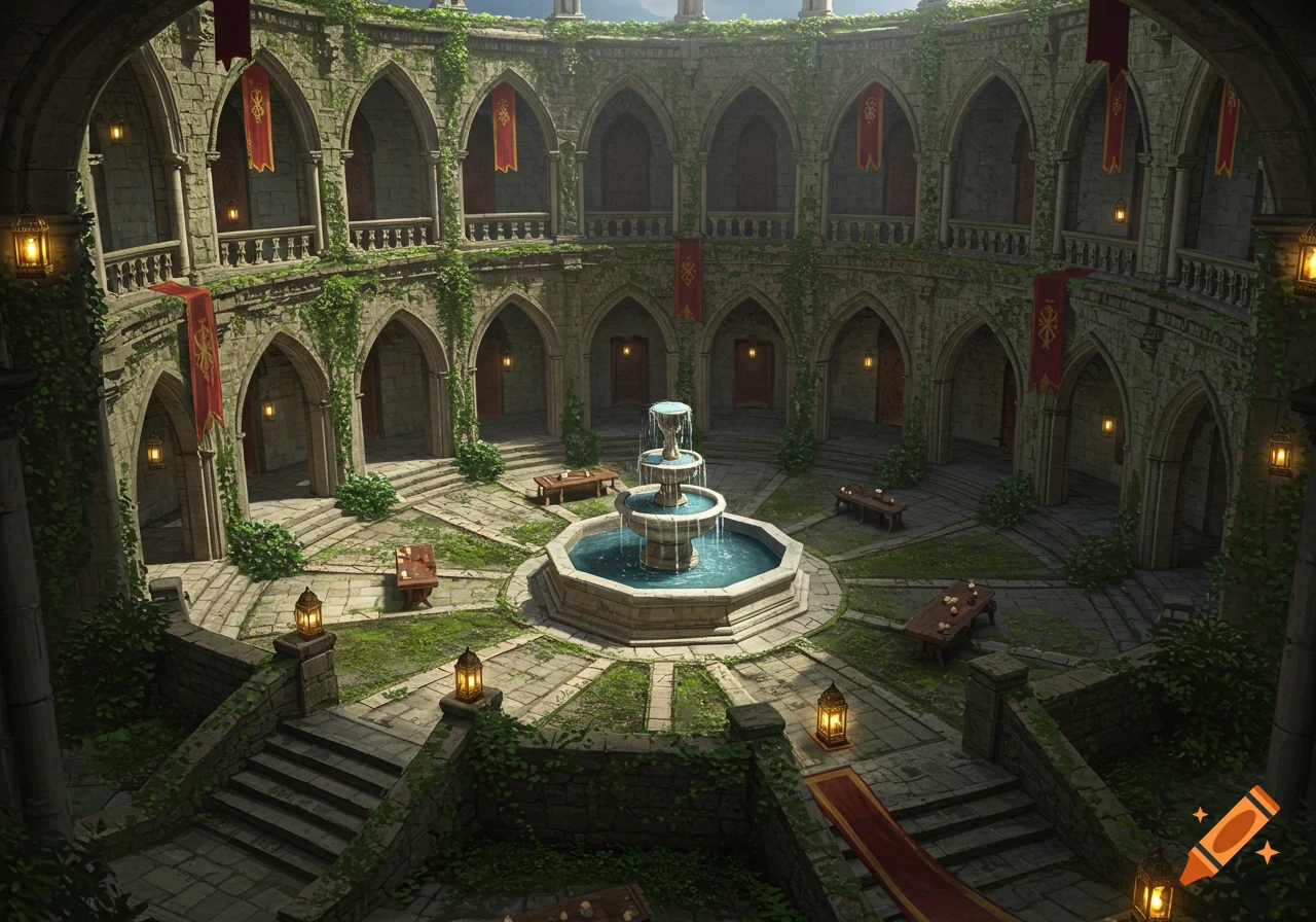 A grand medieval stone plaza with a central tiered fountain, arched walkways, climbing ivy, and red banners under glowing lanterns.