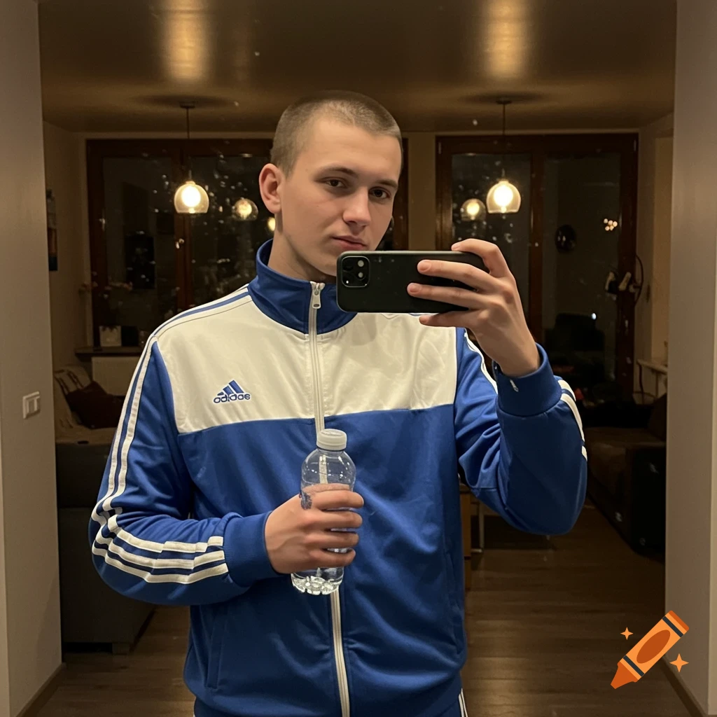 A young man with a buzzcut takes a selfie indoors at night, wearing a blue and white tracksuit and holding a water bottle.