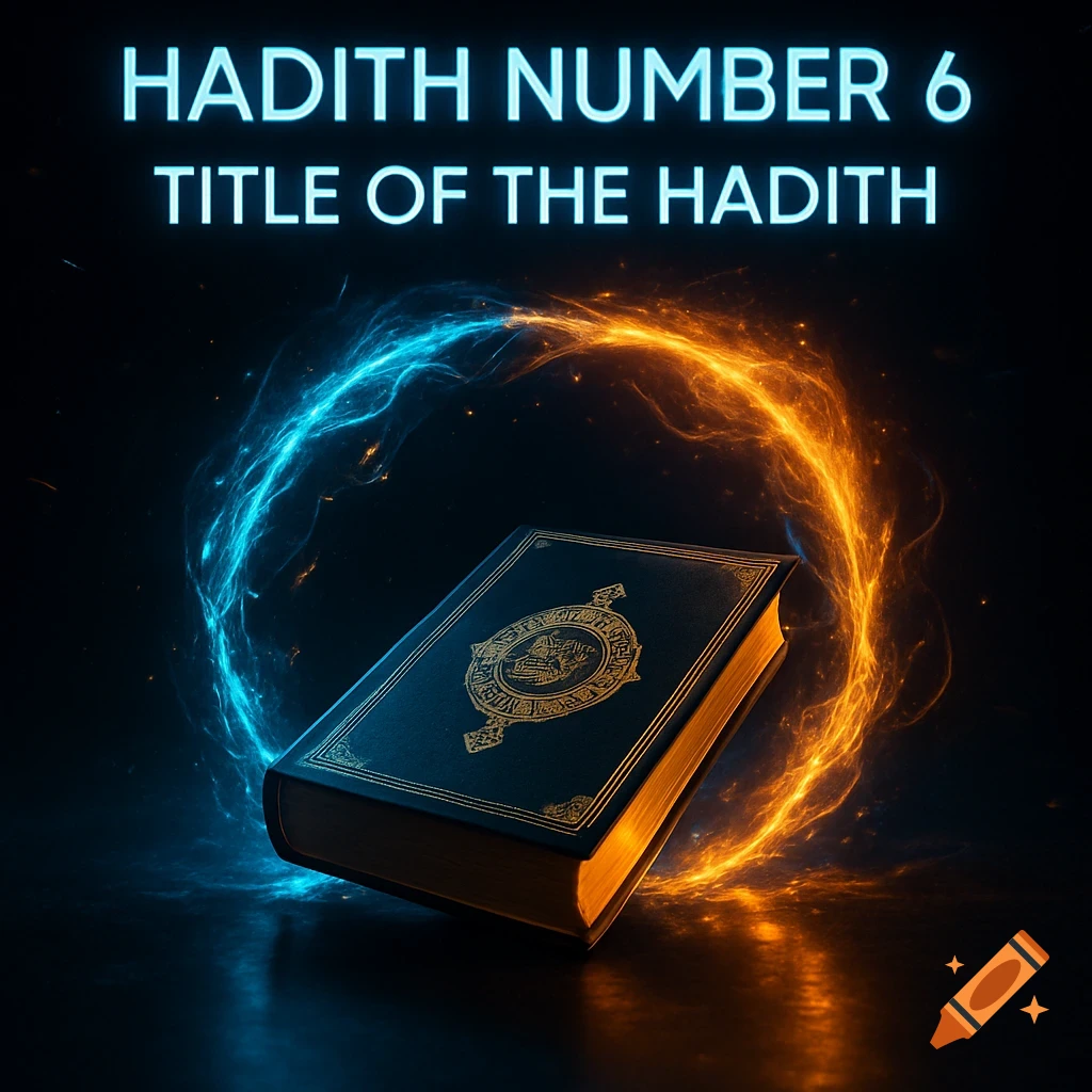 A dark, glowing image of a closed religious book on a reflective surface, encircled by blue and orange energy swirls. Text: HADITH NUMBER 6 TITLE OF THE HADITH.