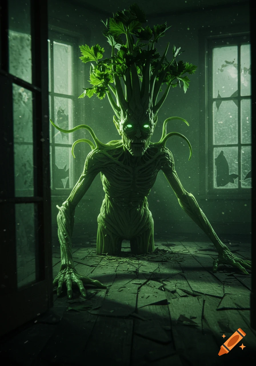 A scary, green, photorealistic celery monster with glowing eyes emerges from a broken floor in a dark, dilapidated room.