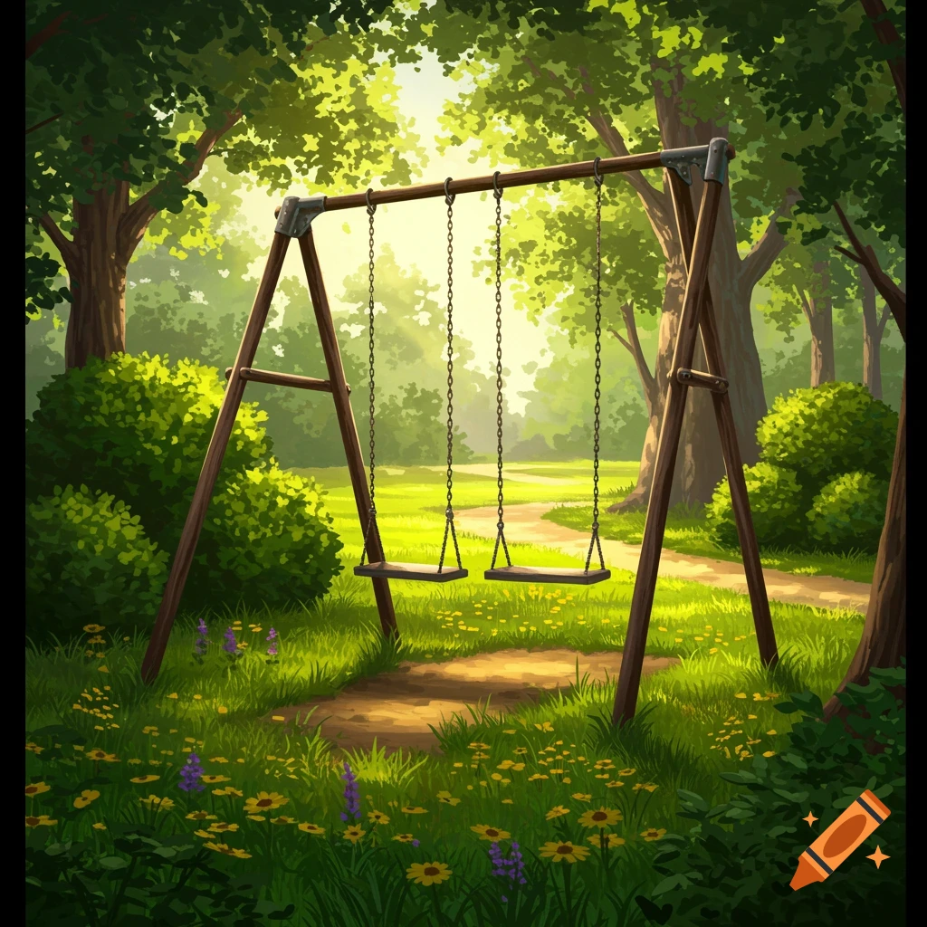 A digital illustration of a wooden swing set in a sunlit green park with trees, bushes, a dirt path, and wildflowers.