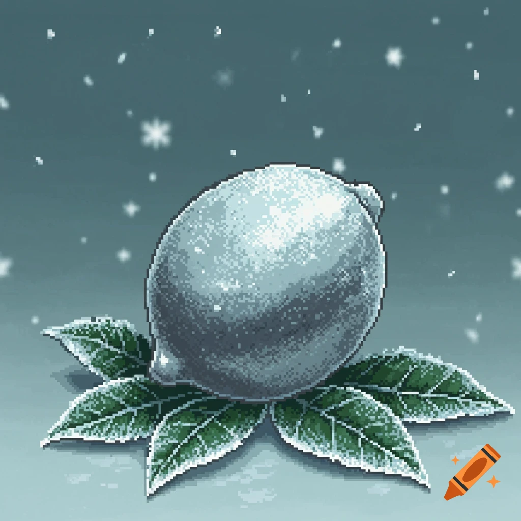 Frost-covered lemon on green leaves with falling snow, in a pixel art style.