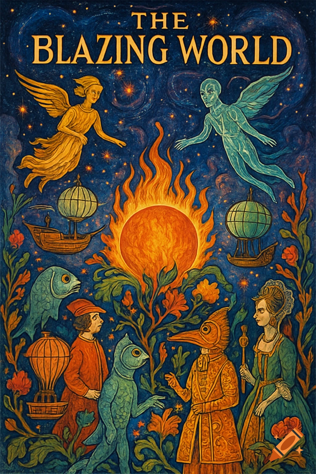 Medieval style fantasy illustration for 'The Blazing World' with winged beings, sun, hot air balloons, and human-animal figures.