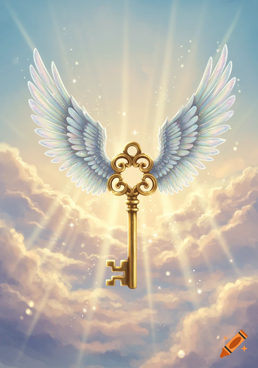 A ornate golden skeleton key with large, white feathered wings floats amidst bright, sunlit clouds and sparkling light rays.