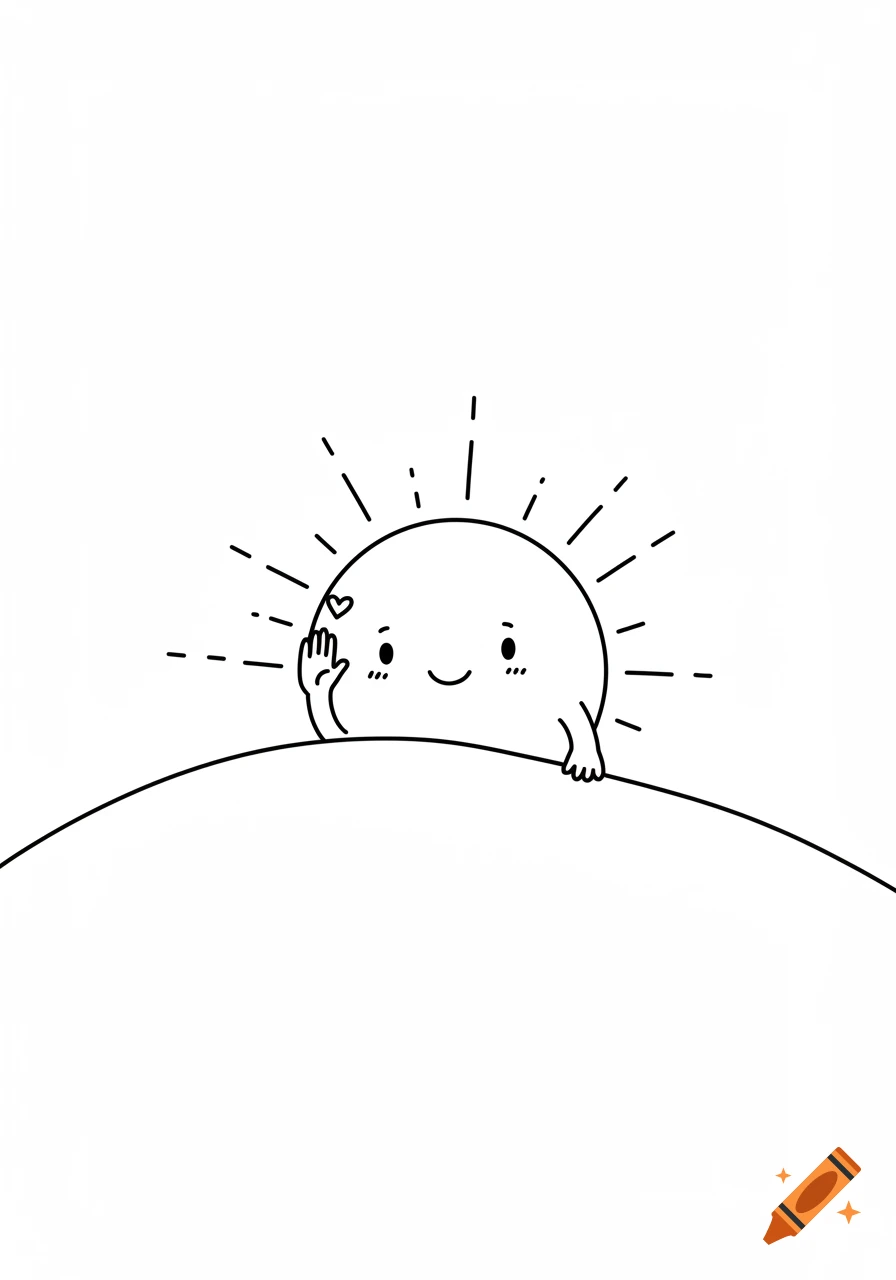 A black and white minimal line illustration of a cute sun peeking over a hill, waving with a heart.