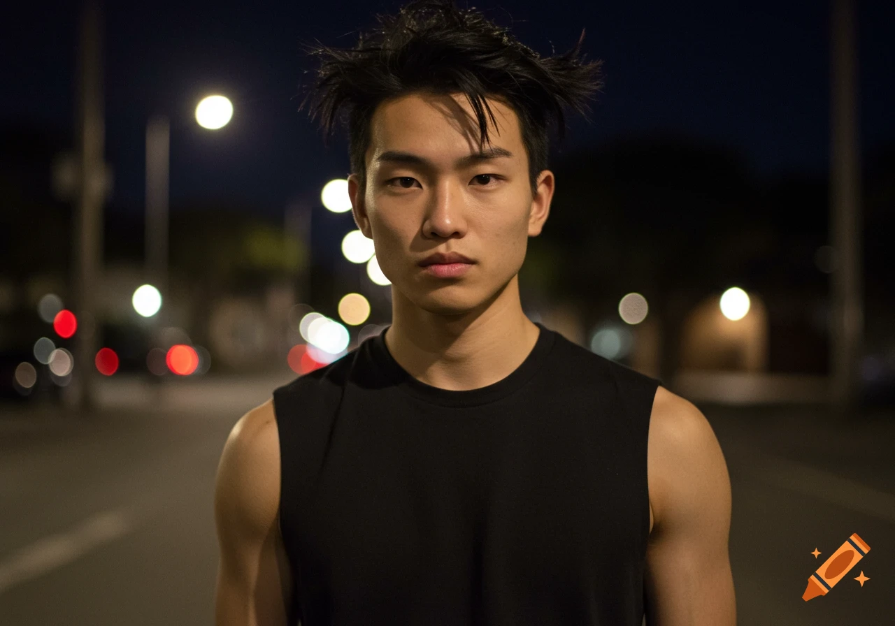 A young Asian man with messy black hair wearing a black sleeveless shirt, standing on a street at night with blurry lights in the background.