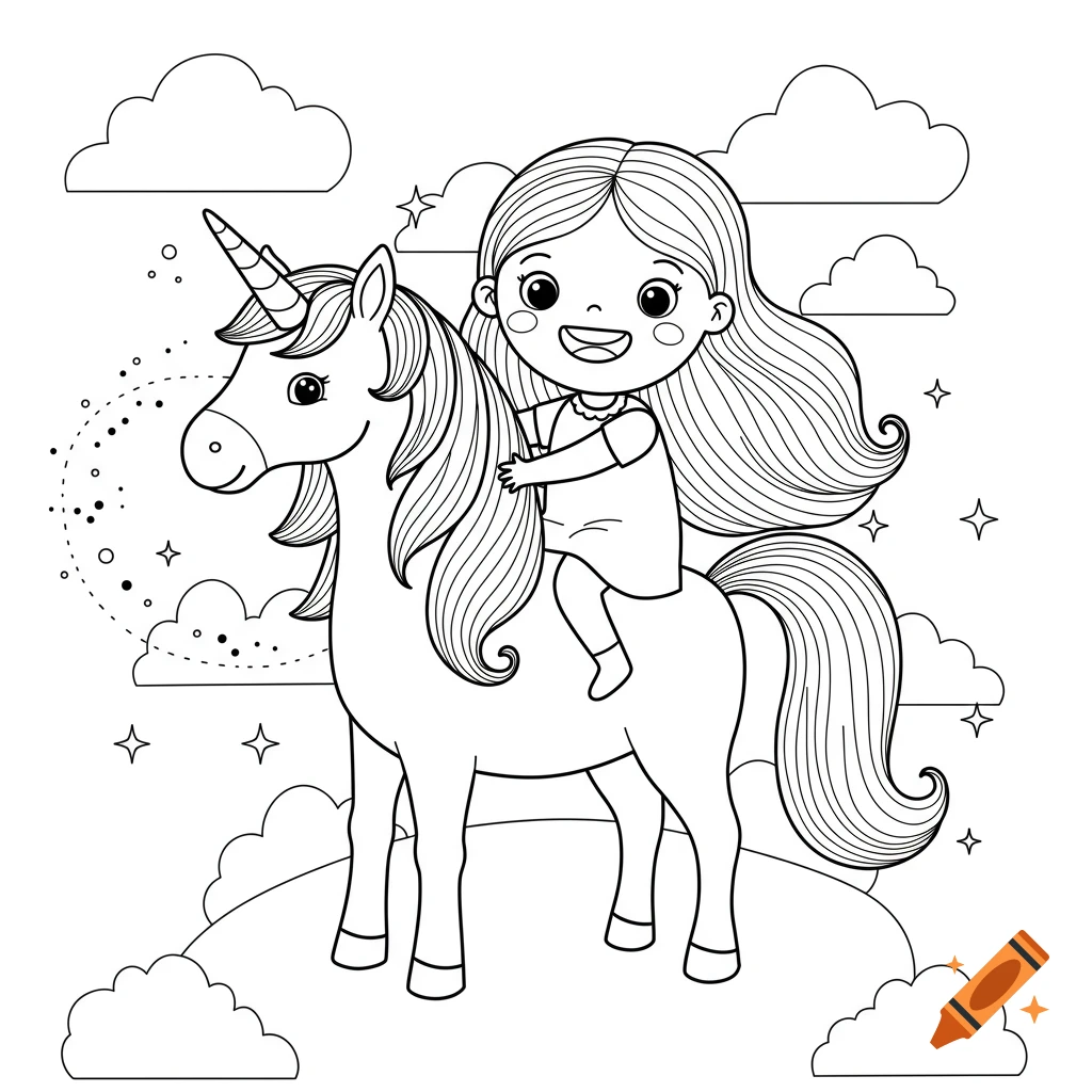 Line art of a smiling girl with long hair riding a unicorn, surrounded by clouds and stars.