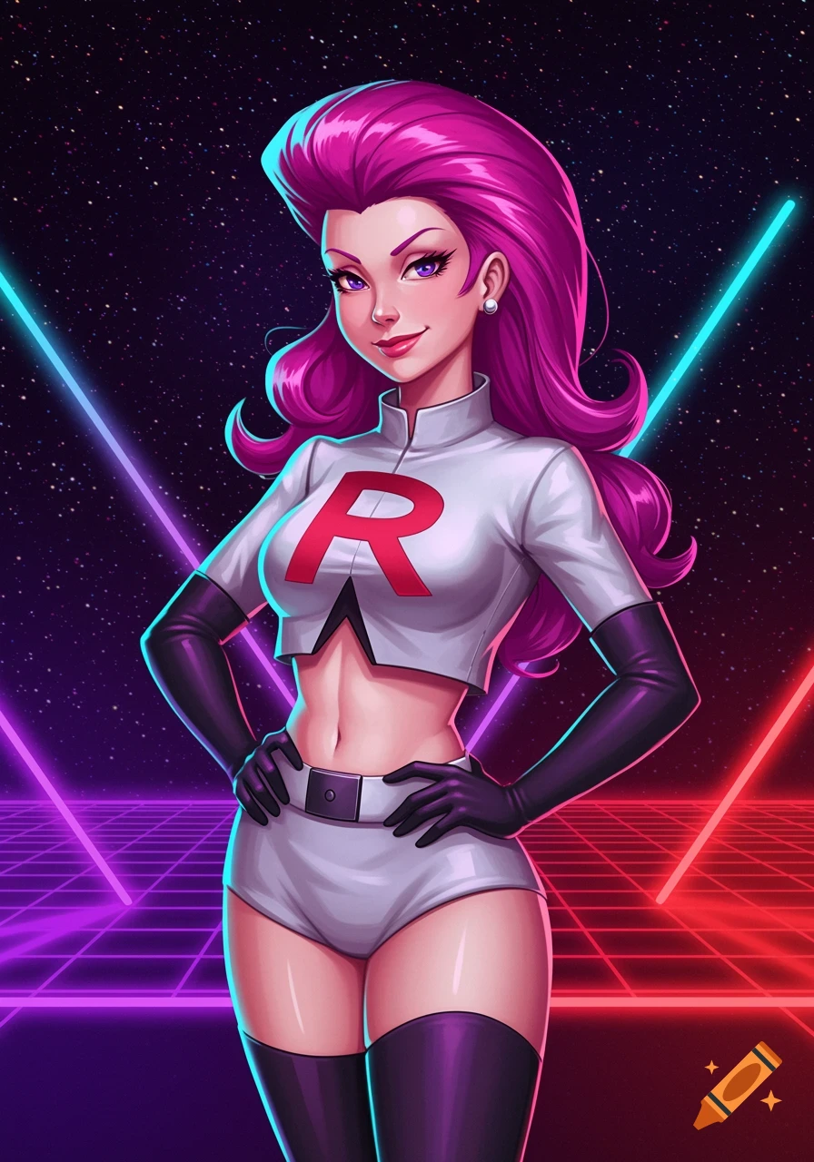Jessie from Team Rocket in a pin-up style, wearing her signature uniform with an 'R' logo, against a retro-futuristic grid background with neon lights.