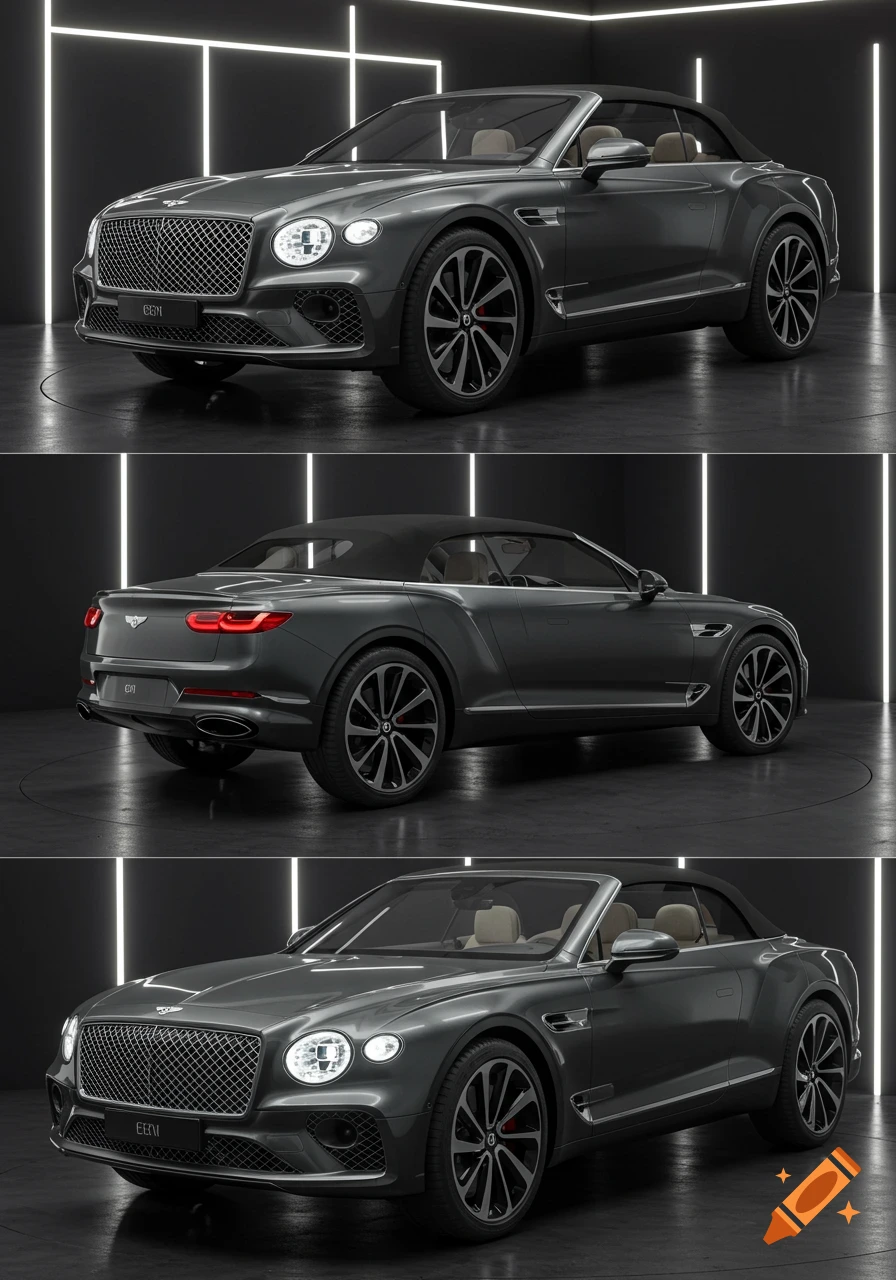A grey Bentley convertible car is shown from front, side, and rear angles in a dark studio with vertical light strips.