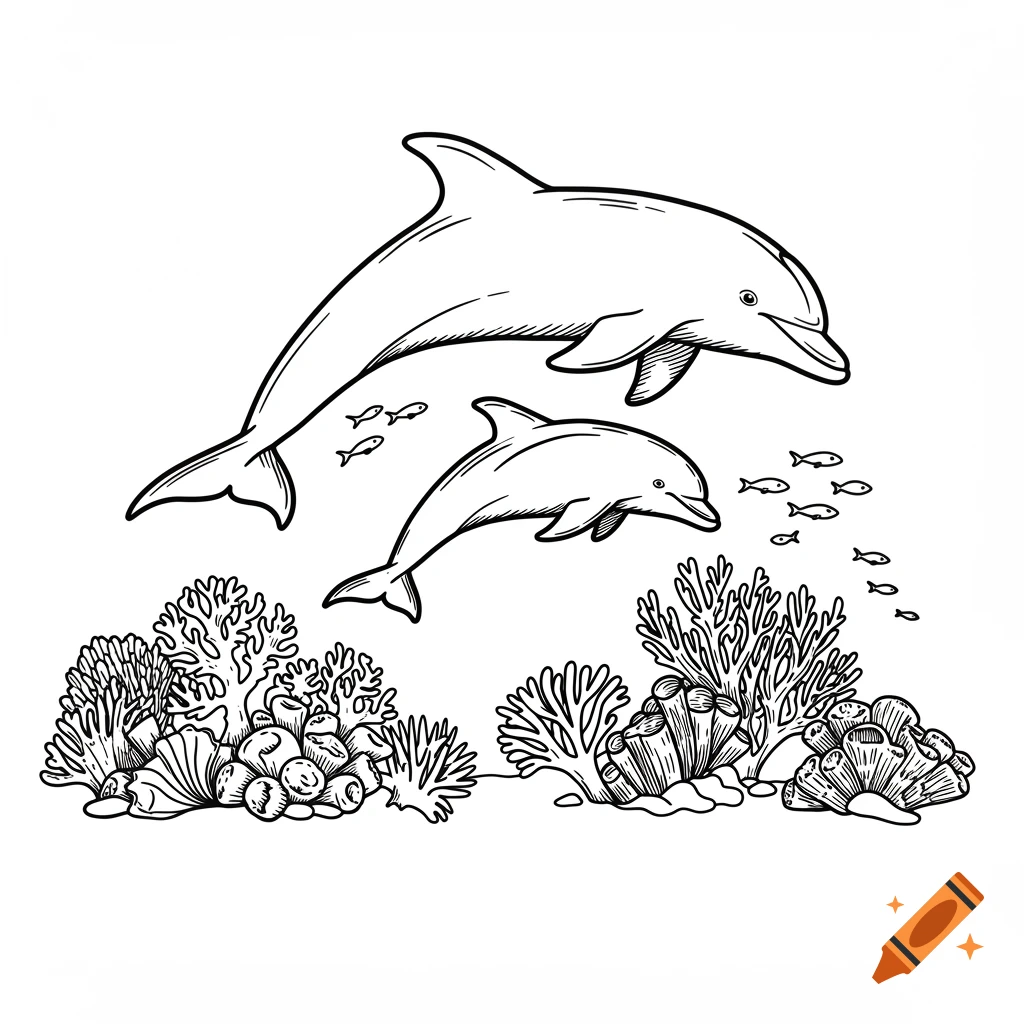 Black and white line drawing of an adult dolphin and a baby dolphin swimming above a coral reef with small fish.