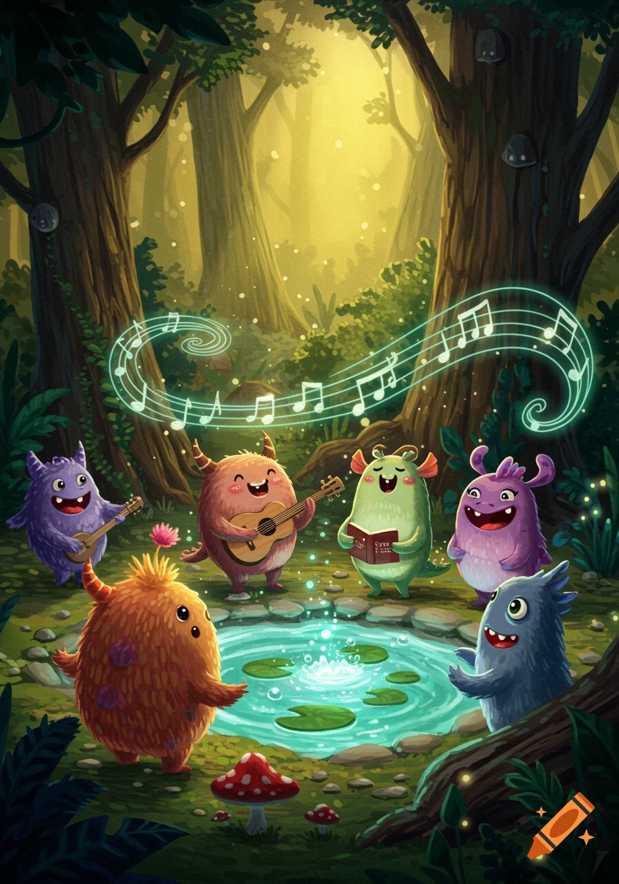 Six cute, colorful monsters play music by a glowing pond in a sunlit forest, with musical notes floating overhead.