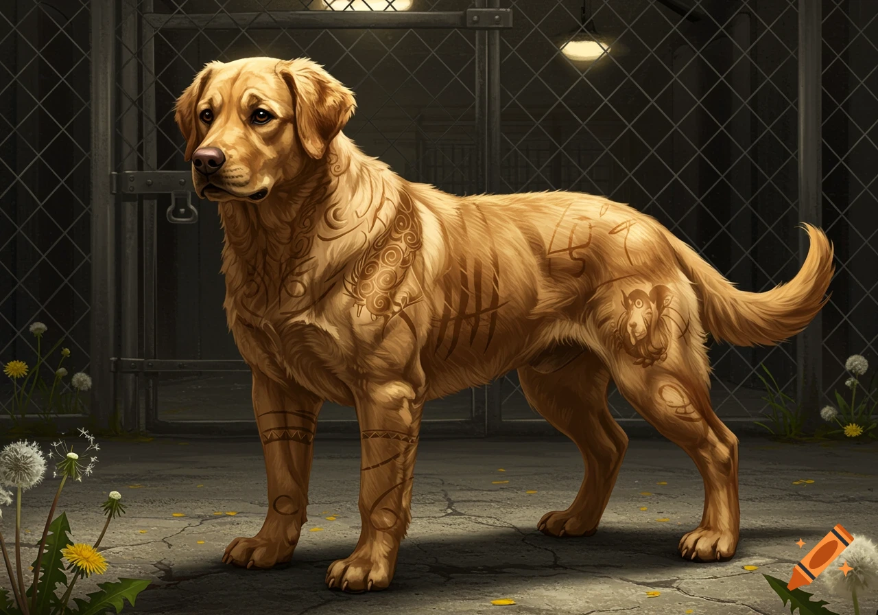A muscular golden retriever with tribal tattoos stands in front of a chain-link fence.