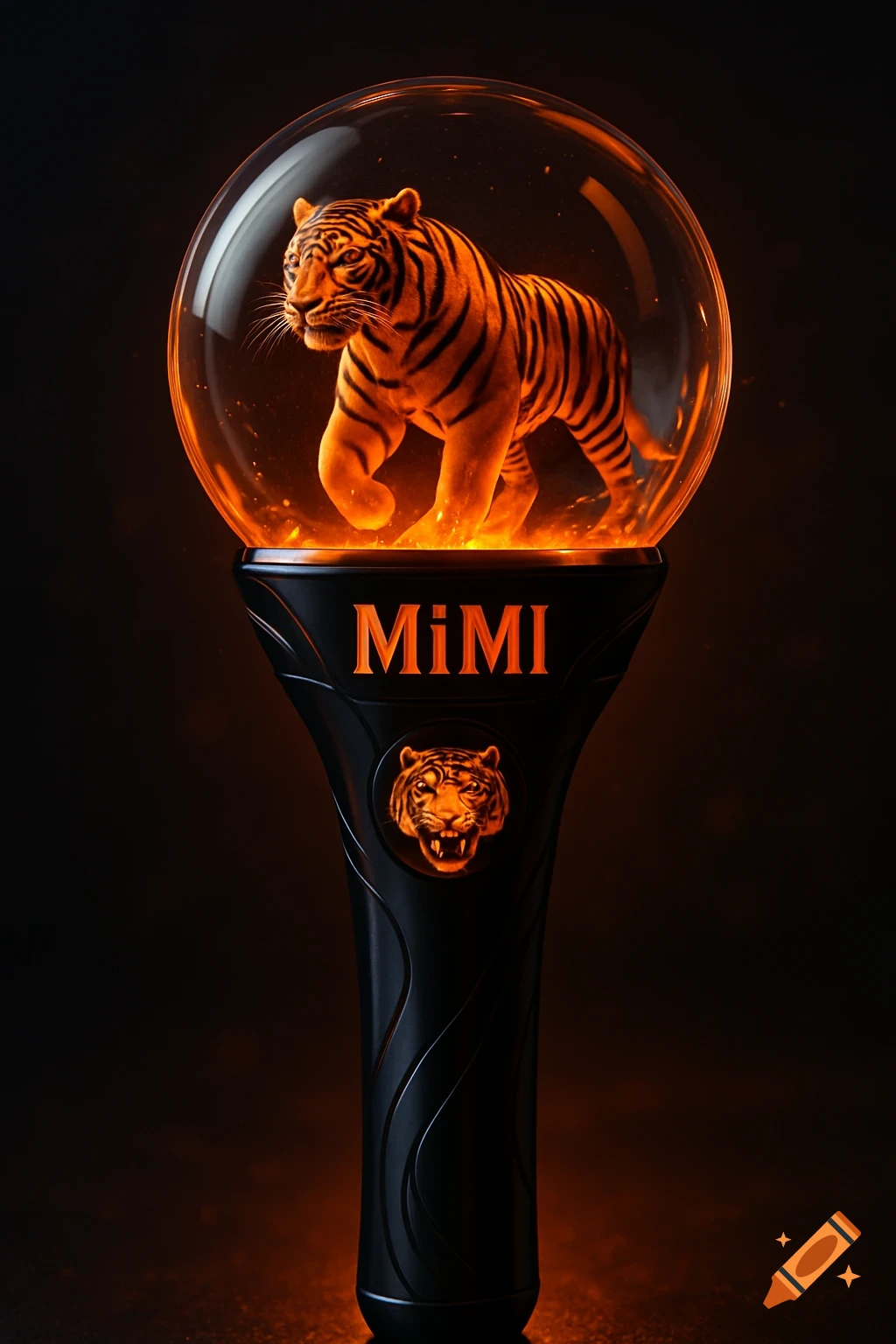 A black Kpop lightstick with an orange glow, featuring an illuminated tiger inside a transparent globe and 'MiMi' text on the handle.