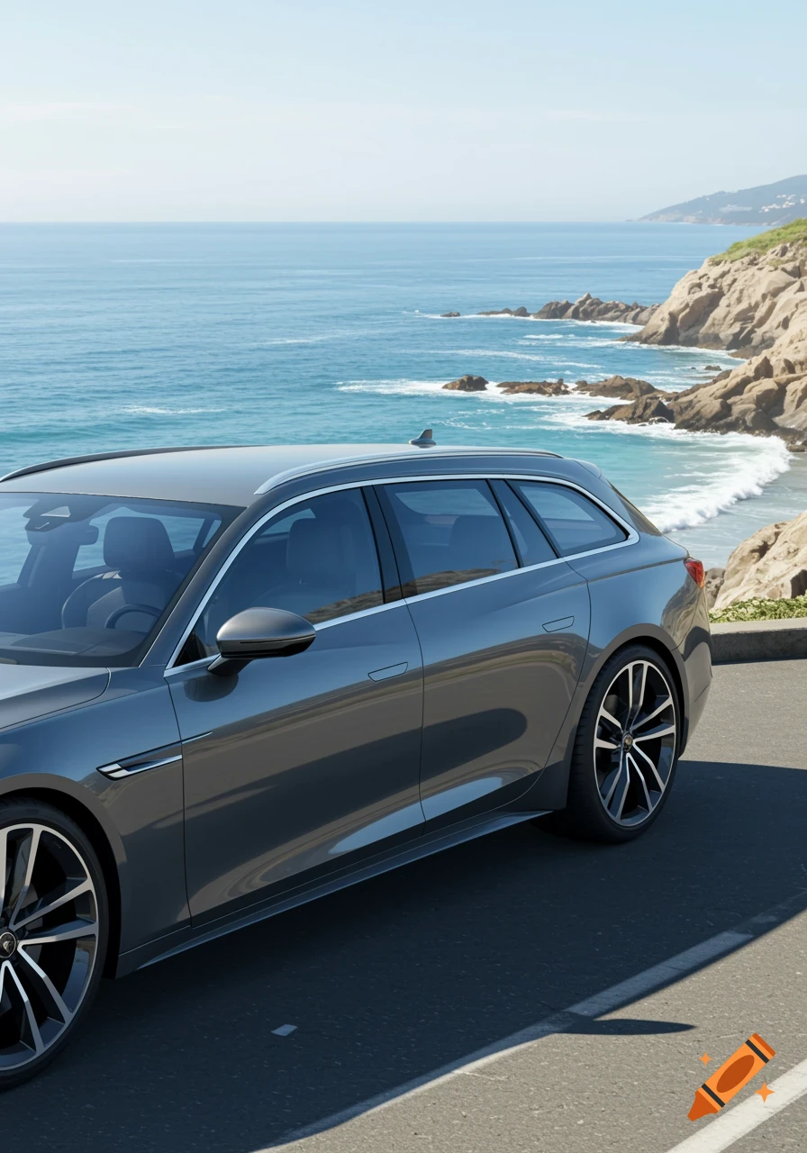 A gray estate car parked on a road overlooking a clear blue ocean and rocky coastline under a bright sky.