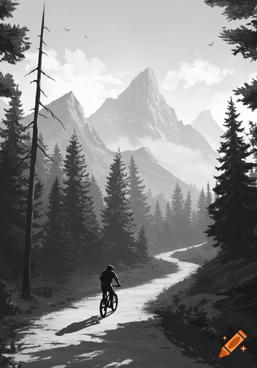 Black and white illustration of a person riding a bicycle on a winding path through a forest, with large mountains in the background.