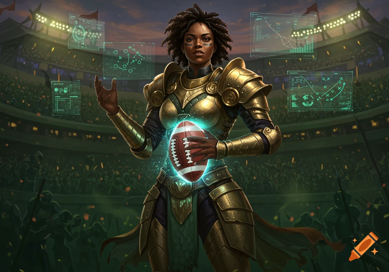 A proud Black woman in golden fantasy armor holds a glowing football in a stadium, surrounded by holographic strategy displays.